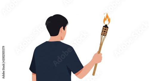 Quadro em tela Man Holding a Flaming Torch Outdoors.