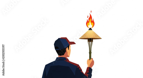Man holding a lit torch with a conical bamboo hat.
