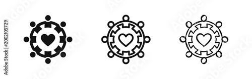 Social Responsibility Icon Set, People Around Gear with Heart Symbol in Three Styles: Solid, Outline, and Sketch