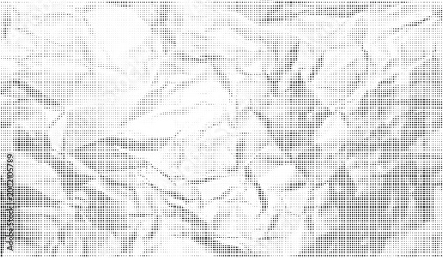 Halftone crumpled paper texture with black a dotted, rough, and wrinkled surface. Wite creased sheet background in comic pop-art style, featuring grainy folds and gritty distressed details.