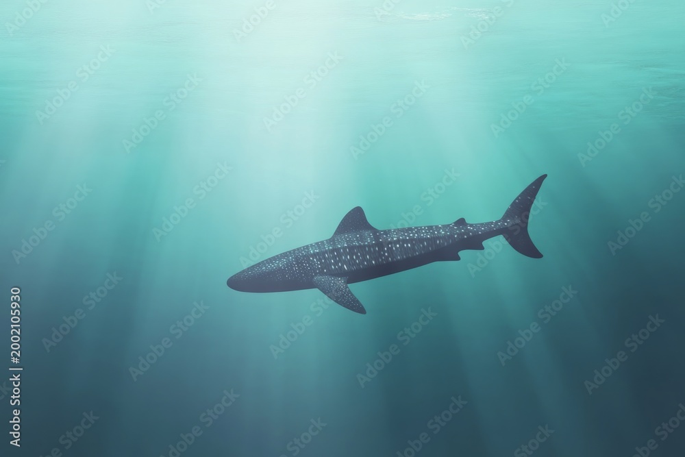 Obraz premium Tranquil underwater scene with whale shark in sunlit ocean