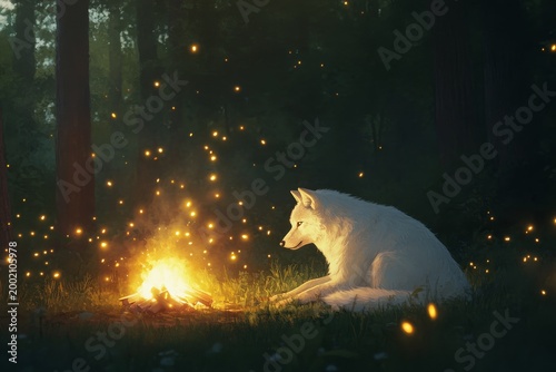 White wolf observing campfire surrounded by fireflies in forest night scene