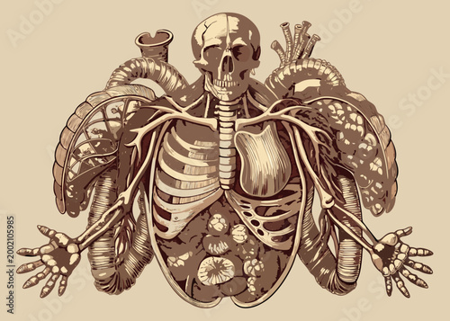steampunk cyborg skeleton with mechanical wings and robotic limbs illustration