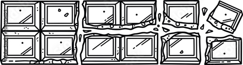 A line of chocolate bar pieces with some broken fragments scattered around, depicted in a simple line art style.