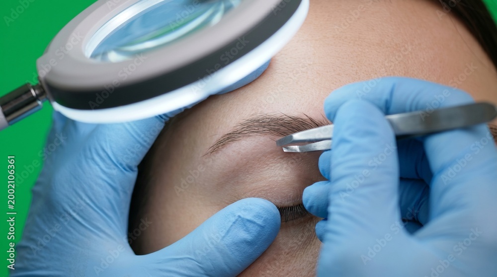 Fototapeta premium close-up professional eyebrow microblading procedure with precision tools