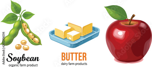 Organic Farm Products Vector Set Featuring Soybeans, Butter, and Fresh Apple for Agriculture, Food, and Farming Designs