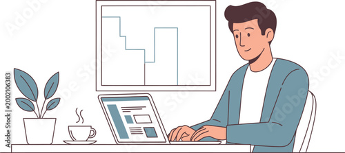 Smiling man in a blue jacket works diligently on his laptop computer at a desk with a potted plant and coffee cup nearby.