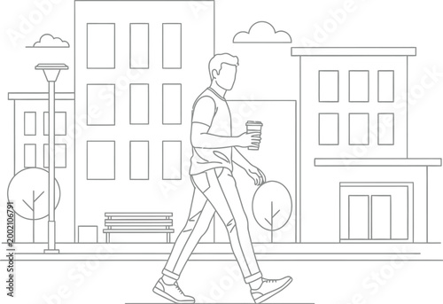 Clean line art illustration of a person walking down a city street holding a coffee cup, capturing a moment of daily life.
