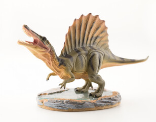 Detailed dinosaur figurine of a Spinosaurus with its distinctive sail, posed dynamically on a rocky base