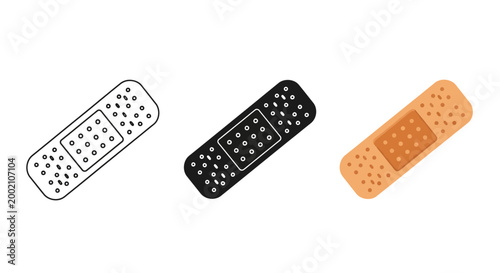 A versatile collection of three modern vector graphic illustrations depicting classic adhesive bandages in outline, solid black, and colored design variations for medical purposes.