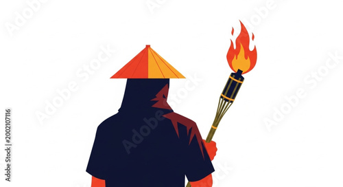 Man wearing asian conical hat.