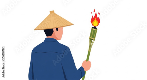 Man Wearing Straw Hat Holding Flaming Torch.
