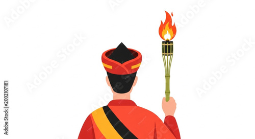 Man in Traditional Attire Holding a Flaming Torch.