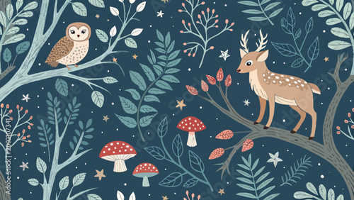 Seamless pattern with cute cartoon owl, deer, mushrooms and forest plants on dark blue background vector illustration for kids fabric, wallpaper, wrapping paper, textile, nursery decor
