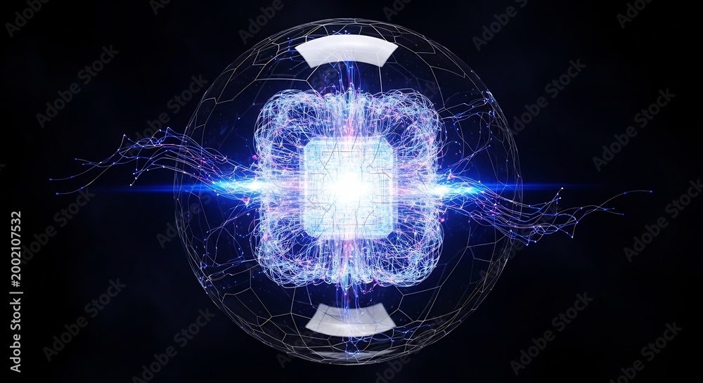 Obraz premium Abstract Blue Energy Core with Plasma Streams and Light Rays.