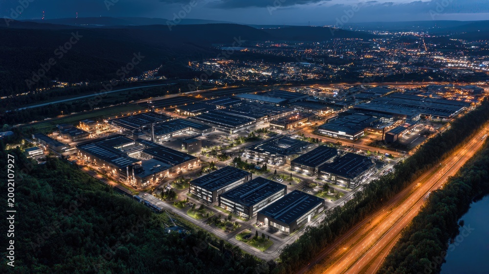 Fototapeta premium Aerial View of a Modern Business Park at Dusk with Illuminated Buildings and Roads.
