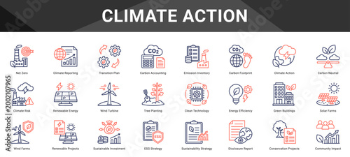 CLIMATE ACTION  Icon set collection. Vector icon pack featuring thematic icons for your presentations or business.
