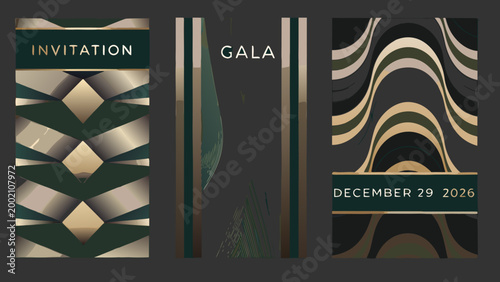 Art deco invitation templates with geometric patterns and gold accents