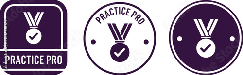 Vector Practice Pro Badge Icons with Medal and Check Mark for Achievement and Certification