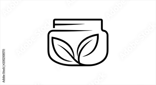 Natural Skincare Cream Jar with Leaf Design Outline Icon.