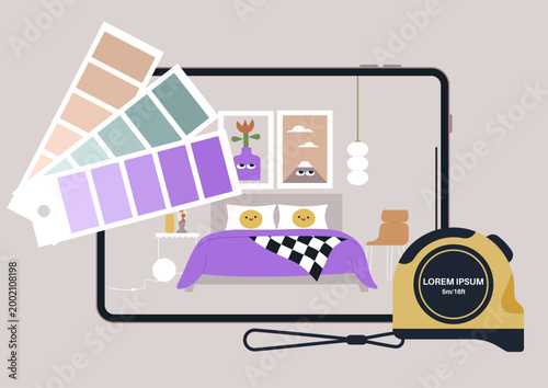 Interior designer explores vibrant color palettes and innovative furniture ideas, envisioning fresh layouts in a modern setting filled with creativity and artistic flair.