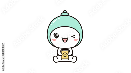 Kawaii chibi character mascot holding coffee cup, cute cartoon alien creature in mint green hood, adorable winking anime avatar vector illustration