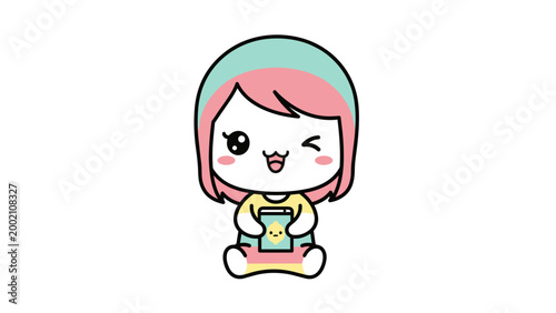 Kawaii chibi girl character vector, cute anime girl holding smartphone, pastel colored cartoon mascot with winking face and pink hair