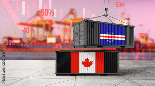 Foto Global Trade Crossroads: Two shipping containers, adorned with the national flags of Canada and Cape Verde, symbolizing the dynamics of international trade against a backdrop of economic fluctuations