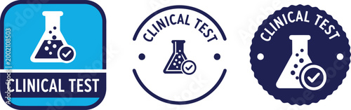 Clinical Test Badge Icons Set – Laboratory Flask, Check Mark, Medical Certification Labels, Vector Illustration