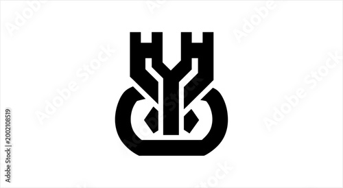 Abstract black and white symbol resembling a stylized animal head or tribal mask.