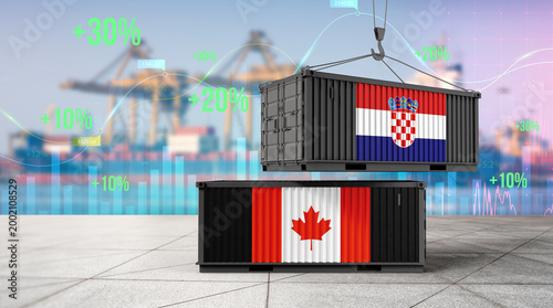 Bild auf Leinwand Global Trade: A symbolic representation of international trade, featuring cargo containers bearing the flags of Canada and Croatia being handled in a bustling port setting
