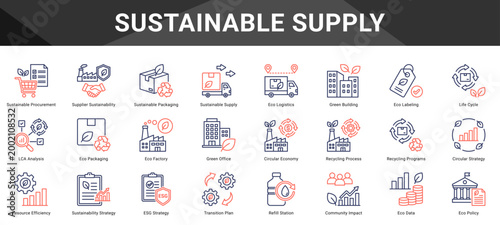SUSTAINABLE SUPPLY  Icon set collection. Vector icon pack featuring thematic icons for your presentations or business.