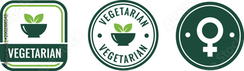 Vegetarian Food Label Icons Set – Green Vegan Badge, Plant-Based Symbol, Healthy Lifestyle Emblem Vector