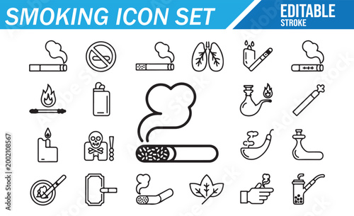 Smoking Icon Set with Cigarette and Vape Line Art