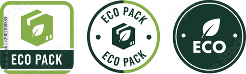 Eco Pack Badge Set with Leaf Icon for Sustainable Packaging and Environmentally Friendly Products