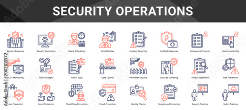 SECURITY OPERATIONS  Icon set collection. Vector icon pack featuring thematic icons for your presentations or business.
