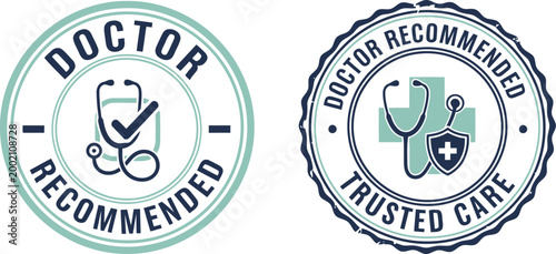 Doctor Recommended Badge Set with Stethoscope Icons for Medical Approval and Trusted Healthcare Labels