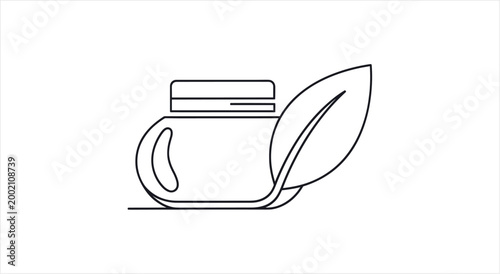 Continuous line drawing of a cosmetic cream jar with a leaf, symbolizing natural beauty products.
