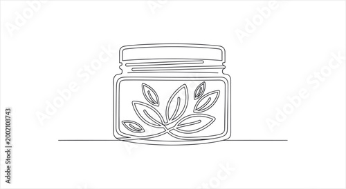 Continuous line drawing of a jar with leaves inside, representing natural beauty products.
