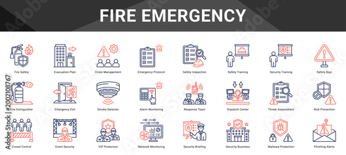 FIRE EMERGENCY  Icon set collection. Vector icon pack featuring thematic icons for your presentations or business.
