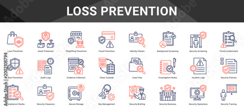 LOSS PREVENTION  Icon set collection. Vector icon pack featuring thematic icons for your presentations or business.
