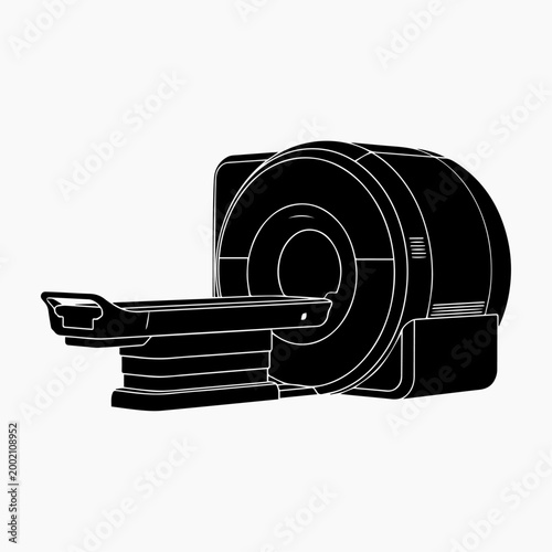 A clean and professional black silhouette of a high-tech MRI or CT scanner. This vector illustration captures the distinct gantry shape and patient table of a modern diagnostic imaging system. Perfect