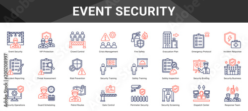 EVENT SECURITY  Icon set collection. Vector icon pack featuring thematic icons for your presentations or business.
