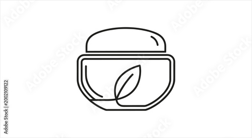 Line art icon of natural cosmetic cream jar with leaf design.