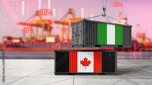 Photos Global Trade Dynamics: A visualization depicting international commerce between Canada and Nigeria, showcasing shipping containers bearing the nations' flags, amidst a backdrop of port infrastructure