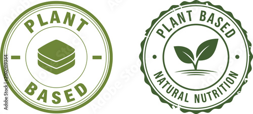 Green plant based vegan food labels with natural nutrition eco friendly badges for packaging and branding