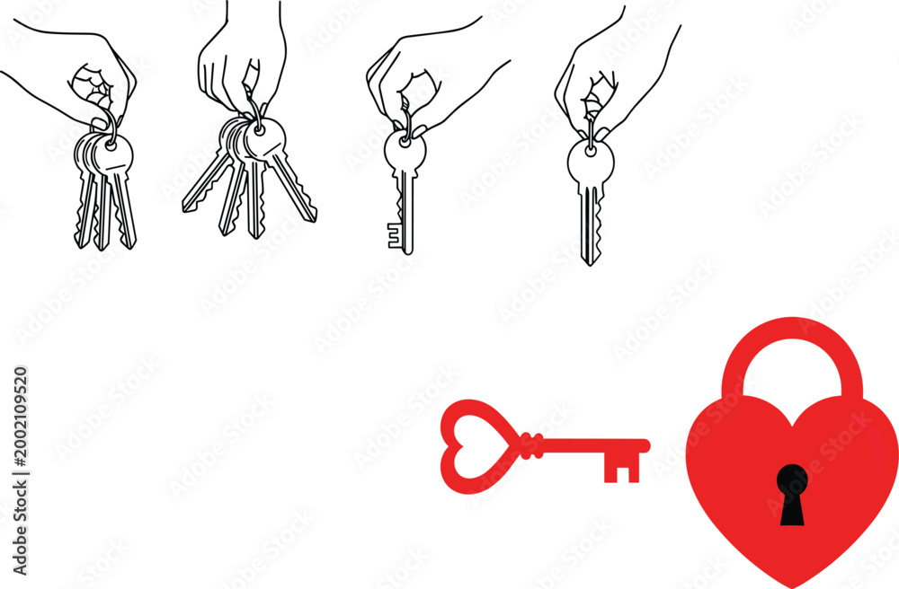 Ταπετσαρία Romantic Heart Shaped Lock and Key Set with Hands Holding Keychain Illustrations