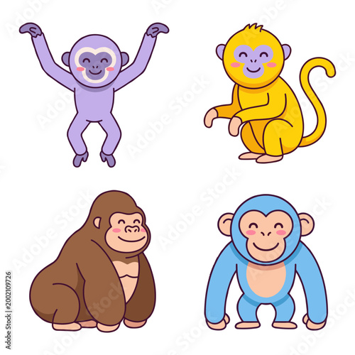 Monkey Primate Species Set Cute Monkey Characters Including Gorilla, Gibbon and Chimpanzee in Kawaii Style Isolated on White Background Vector Graphics
