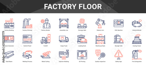 FACTORY FLOOR  Icon set collection. Vector icon pack featuring thematic icons for your presentations or business.
