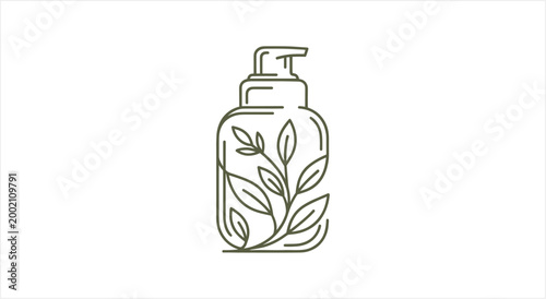 Minimalist line art illustration of a natural cosmetic pump bottle with botanical leaf design.